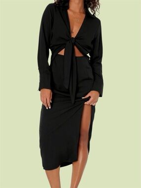 Lulus Long Story Shirt Black Long Sleeve Tie-Front Midi Dress